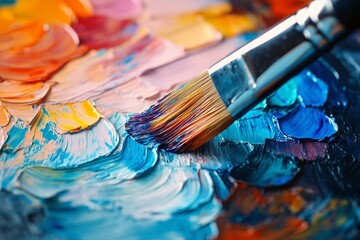 Obraz premium A close-up of an artists palette with vibrant oil paints - thick, textured smears of color, with a paintbrush resting on the edge.