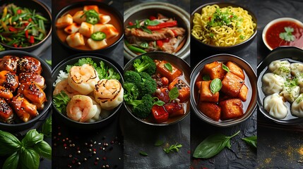 Fototapeta premium A visually stunning Asian fusion collage showcasing sushi, stir-fry, dumplings, and ramen, each beautifully plated on minimalist, modern dishes, with a contemporary table setting and soft,