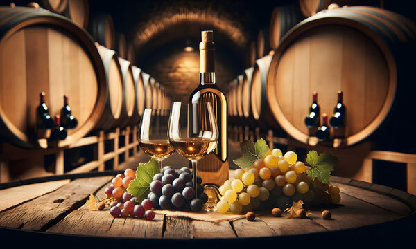 Dekoration Weinflasche und Weinglass in einem Weinkeller mit Weinf&auml;ssern, Rotwein und Wei&szlig;wein