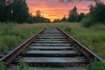 Obraz premium A Rusty Railroad Track Leading Through a Forest at Sunset
