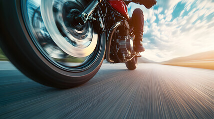 A low-angle shot of a motorbike’s undercarriage, captured as it drives over the camera, with the...