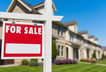 A red and white 'For sale' sign in front of a row of houses in a