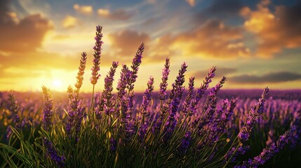 A vibrant lavender field at sunset, showcasing beautiful purple blooms against a colorful sky filled with clouds.