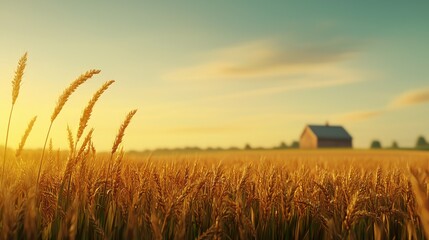 Obraz premium Golden wheat field under a vibrant sunset, with a rustic barn in the background, capturing the essence of rural agriculture.