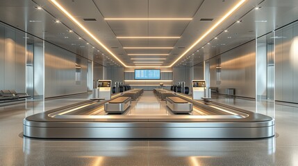 A modern baggage claim area with automated sanitization systems and clear safety instructions for handling luggage 