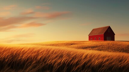 A serene landscape featuring a red barn surrounded by golden wheat fields under a tranquil sky at sunset.
