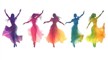 Colorful silhouettes of dancers showcasing elegance and movement in vibrant flowing garments.