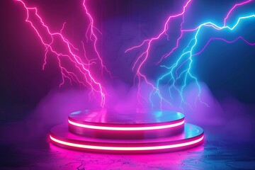 Abstract scene with neon lights and square podium. Futuristic background for product presentation.