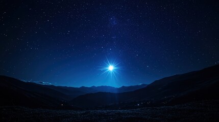 Fototapeta premium A stunning night sky with a bright star shining over majestic mountains, creating a serene and tranquil atmosphere.