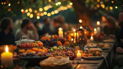 Harvest feast with tables of fresh fruits, vegetables, and baked goods, warm light from lanterns, and people gathered to celebrate. Harvesting
