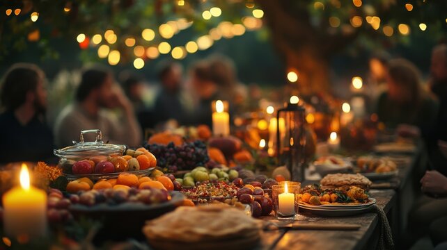 Harvest feast with tables of fresh fruits, vegetables, and baked goods, warm light from lanterns, and people gathered to celebrate. Harvesting
