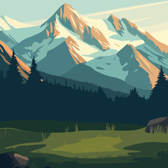 A minimalistic illustration of a mountain landscape with snow-capped peaks against the sky, dark silhouettes of fir trees and a glade in the foreground. Soft pastel colors were used. © Anna Garifulina 