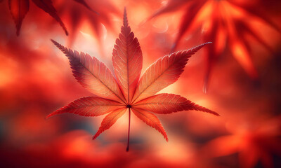 Rotes Ahornblatt im Sonnenlicht, mit Bokeh, copy space