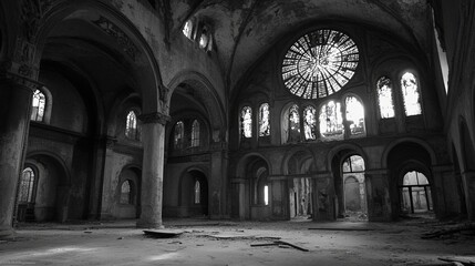 Fototapeta premium Time-Worn Elegance: The Haunting Beauty of an Ancient Church in Grayscale, Stained Glass Windows Reflecting History