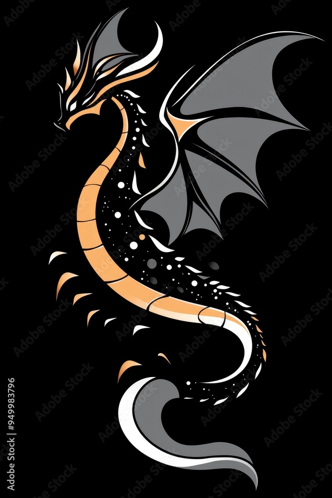 Sticker Stylized Dragon with Spread Wings on Black Background