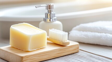 An elegant wooden stand showcases two decorative glass vases filled with toothbrushes and floss picks, complemented by a neatly folded white towel in a stylish bathroom.