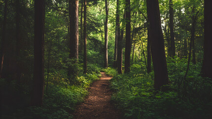 Fototapeta premium A dense forest with a walking trail surrounded by lush greenery and tall trees inviting exploration and tranquility