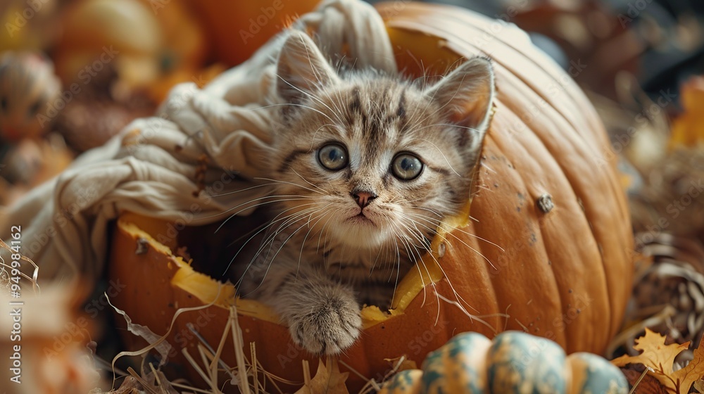 Canvas Prints cute kitten in a pumpkin