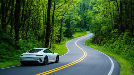 Obraz premium Curved road winding through a summer forest with a car driving along an empty asphalt lane surrounded by lush green trees.
