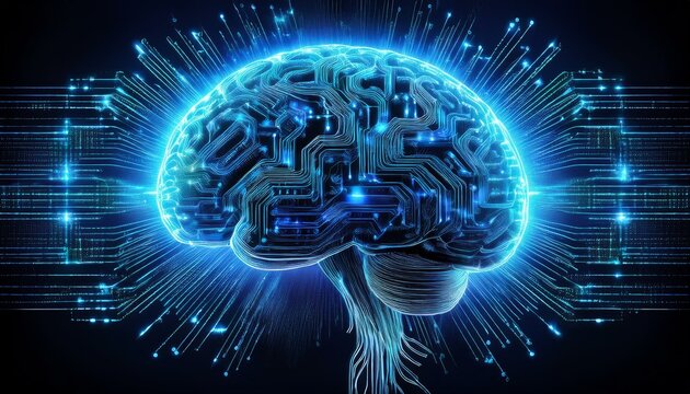 Binary code blue brain with glowing circuit patterns and data streams flowing around it on the left, on an abstract black background - Powered by Adobe