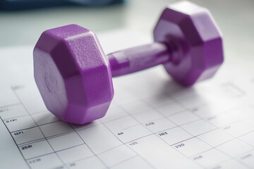 Purple dumbbell is sitting on top of a workout schedule calendar