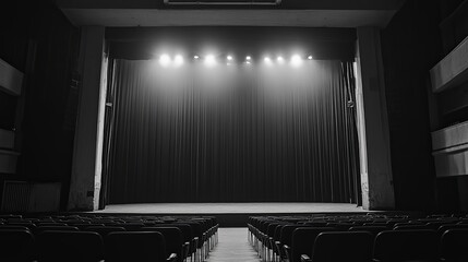 "Silent Symphony: Elegance of an Empty Concert Hall, Stage Awaits the Grand Return of Music, Grayscale Aesthetics, Anticipation of Performance"

