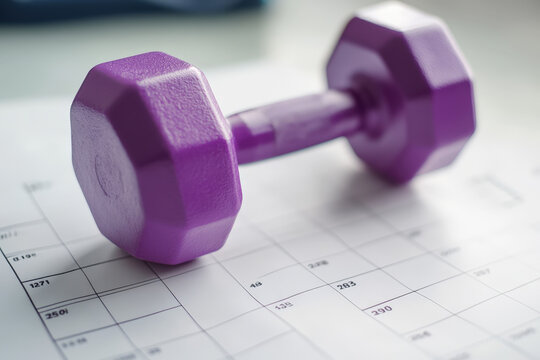 Purple dumbbell is sitting on top of a workout schedule calendar