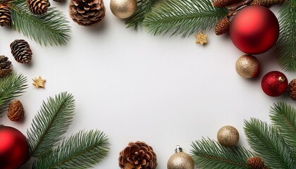 Christmas background with Christmas ornaments and pine cones with white copy space