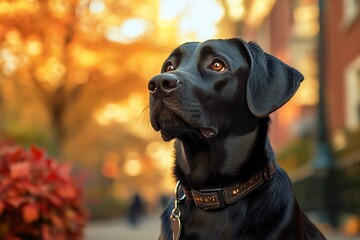 Black labrador retriever dog posing outdoors in the city during autumn