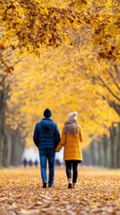 A couple strolling through a park in autumn, with fallen leaves and a relaxed atmosphere, representing leisurely moments in an urban green space