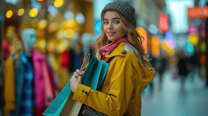 Joyful Shopping Spree: Young Woman with Shopping Bags at Vibrant Store Display