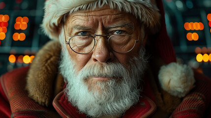 Close-up of Santa's face. Santa is wearing his classic red hat and looking directly at the camera. Merry Christmas and Happy New Year. Xmas. Beautiful Winter Holiday postcard