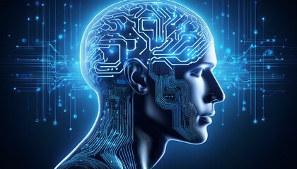 Obraz premium Digital brain depicted by blue circuit lines and binary code, with two connected branches representing the left side of the brain Stock Images
