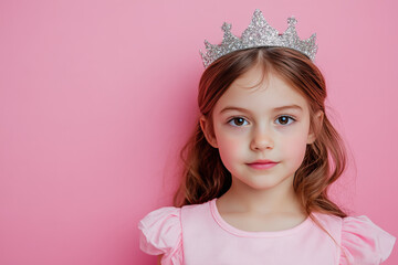 Fototapeta premium Little girl with diadem looking forward on pink background