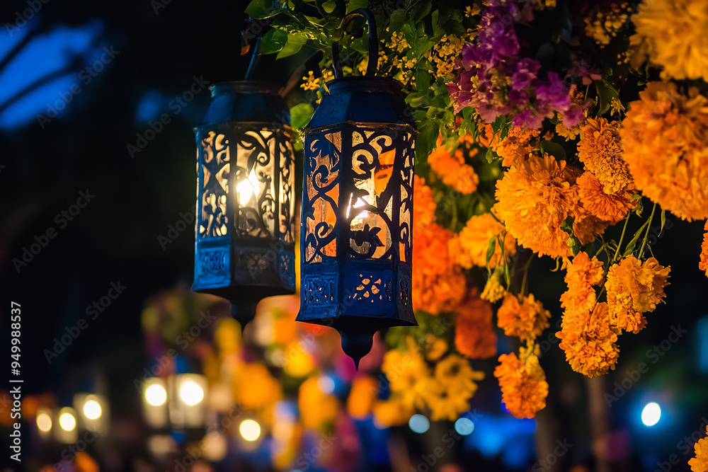 Poster Floral Decorations and Lanterns Illuminating Nighttime Day of the Dead Celebration  