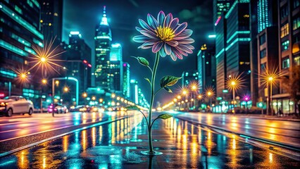 Naklejka premium A cybernetic single line drawing of a worn-out epazote flower weaves through neon-lit city streets, its petals softly glowing like forgotten memories of a distant past.