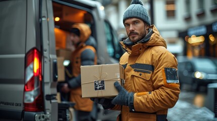 Fototapeta premium Professional Male Courier Delivering Package with Digital Signature Device by Delivery Van