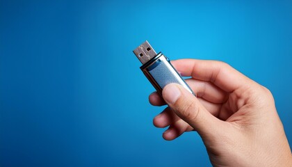 Hand holding pen drive isolated on blue background, Hand holding usb flash drive, Generative AI