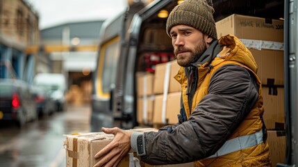 Efficient Male Delivery Driver Unloading Heavy Packages from Van in Busy Industrial Area