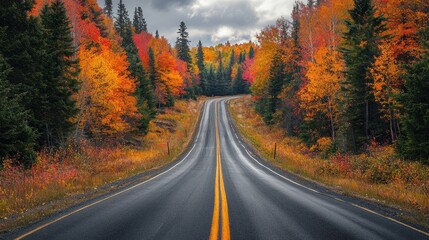 Fototapeta premium Serene Autumn Drive: Vibrant Foliage in Pine Forest Tunnel