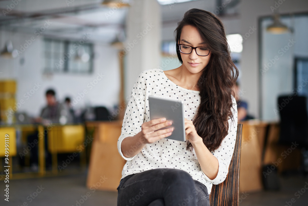 Poster woman, employee and reading with tablet in office space for break on internet or online for research
