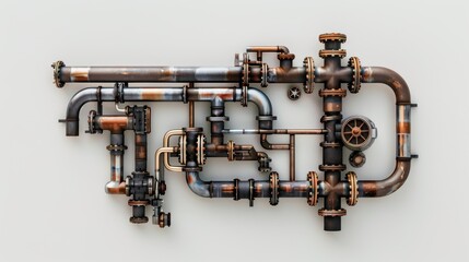 Complex system of copper and metal pipes forming abstract industrial design