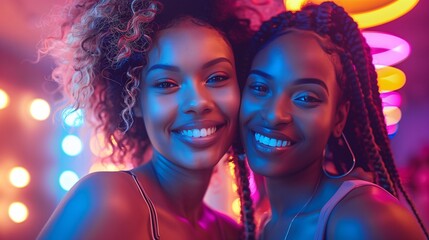 Obraz premium Two young women smiling together in a vibrant, colorful setting with neon lights. The atmosphere is joyful and lively, showcasing friendship and happiness.
