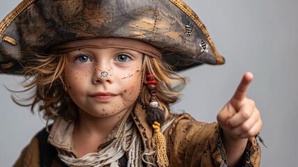 Naklejka premium A young child dressed as a pirate, wearing a large pirate hat and a brown coat. The child has curly hair and is pointing with one finger, displaying a playful expression.