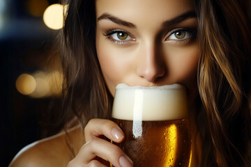 Beautiful woman drinking beer from a glass