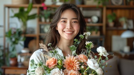 Joyful Asian Influencer Live Streaming Flower Arrangement Tutorial from Stylish Living Room