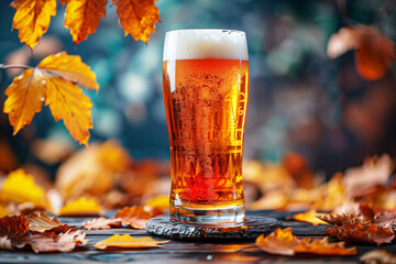 Glass of beer on an oak table outdoors, surrounded by autumn leaves