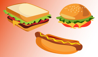 An illustration of  a vibrant, flat style illustration featuring three classic fast food items. 