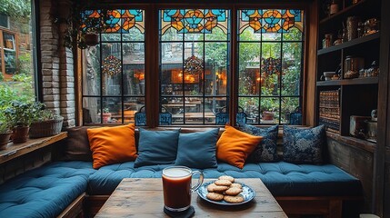Rainy street cafe in old european town. Autumn rainy day. Cutlery and dishes are left on the cafe table in the rain