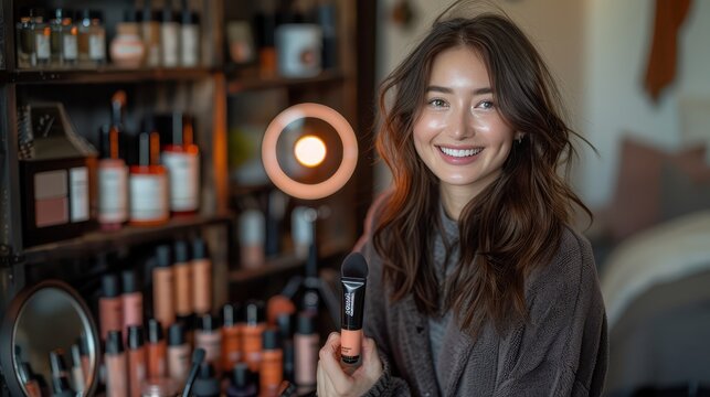 Vibrant Beauty Tutorial Vlogger Live Streaming from Bedroom with Ring Light - Hyper Realistic Color Image